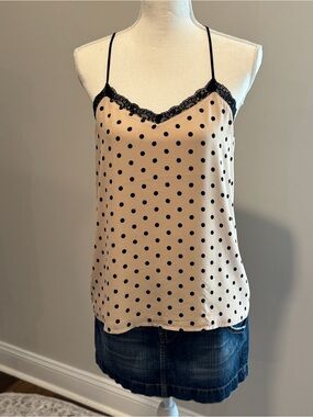 Express Dusty Rose Polka Dot Lace-Trim Cami with Black Trim